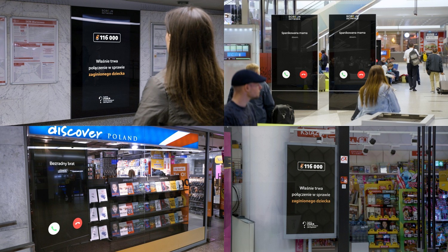 Kolaż cztereh zdjęć, na ktrych w równych miejscach widoczne są ekrany telefonów z numerem 116 0000 i ekrany telefonów z emocjami zamiast numerów telefonów.