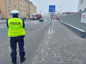 Policjant Ruchu Drogowego zwraca uwagę na kierowców, czy udzielają pierwszeństwa pieszym na oznakowanym przejściu dla pieszych.