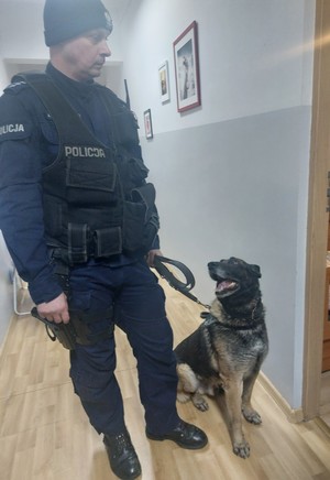 Policjant pokazuje tresurę psa.